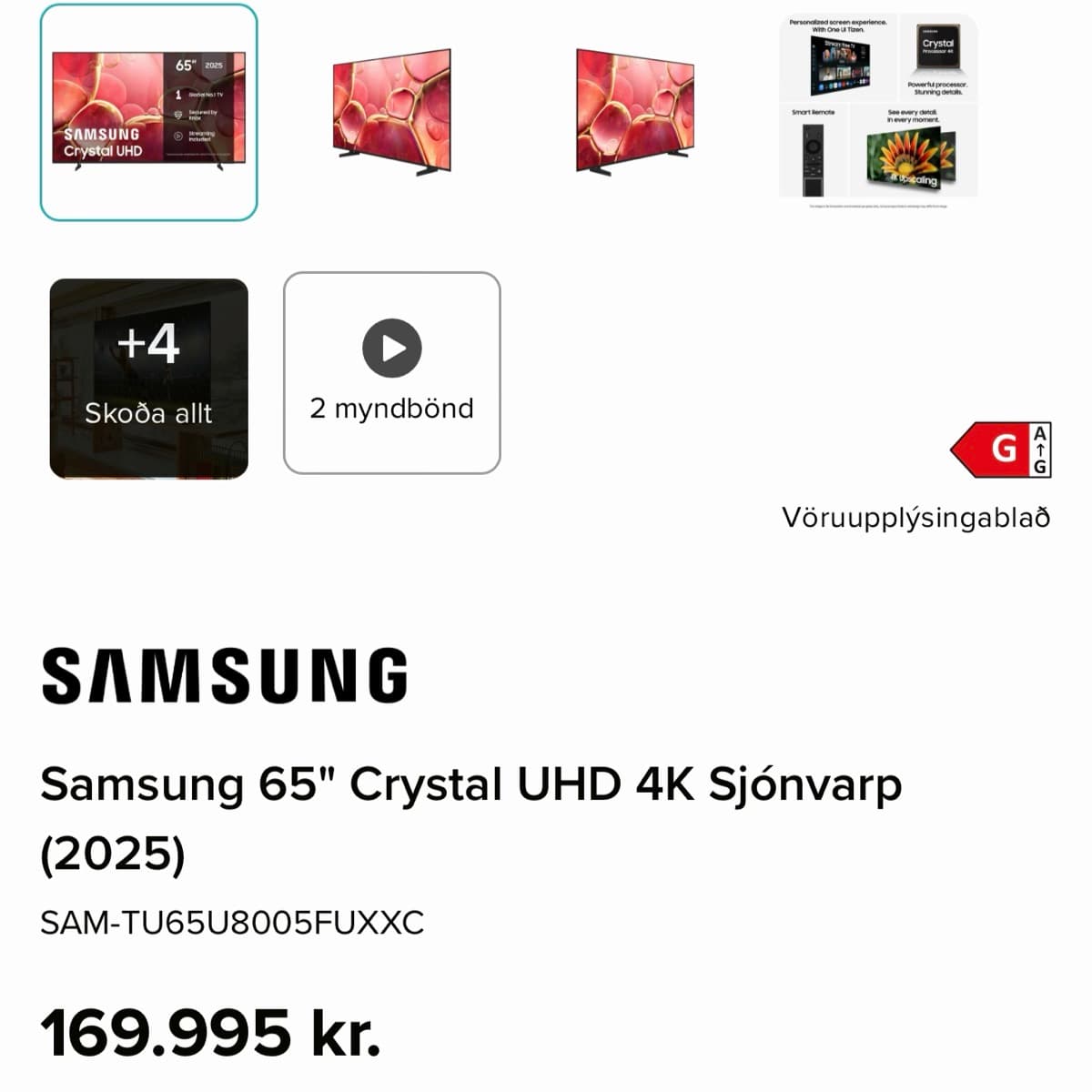 Samsung 65" Crystal UHD 4K sjónvarp
